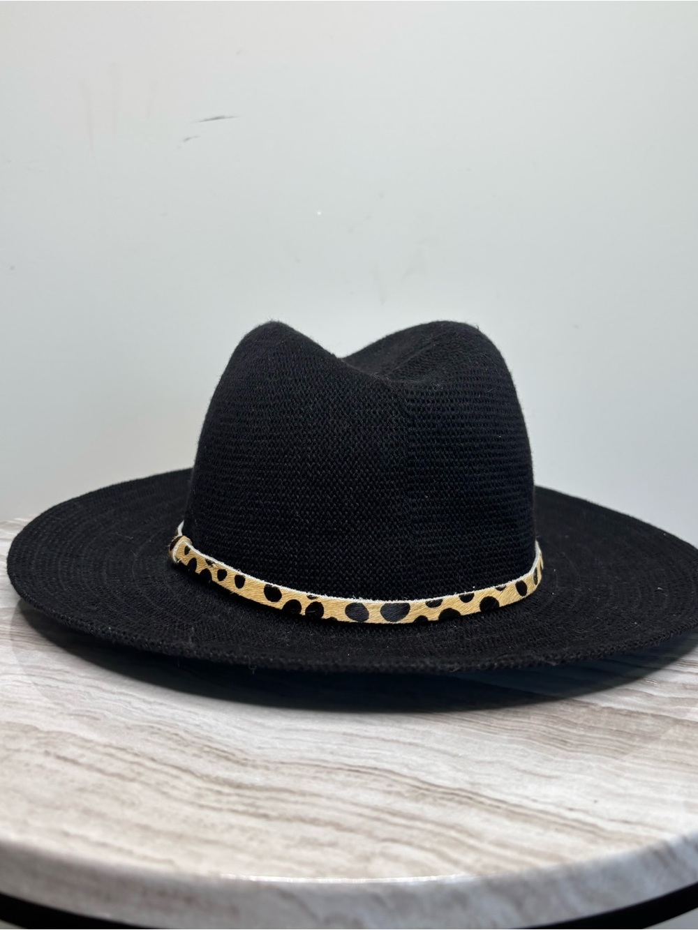 Wyeth Black Wide-Brim Fedora Hat with Leopard Trim Rancher Straw Hat O/S